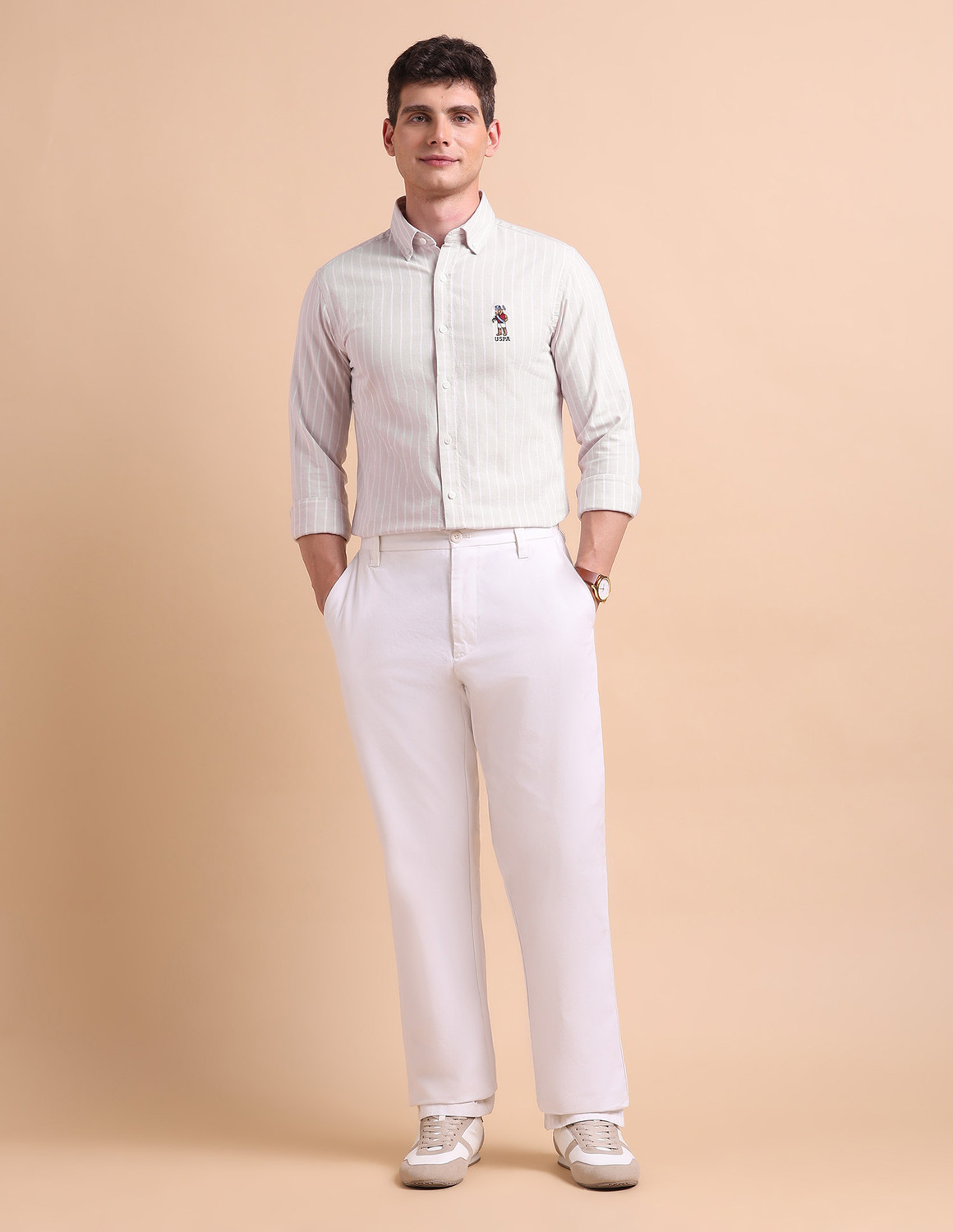 Image of U.S. POLO ASSN. Men Striped Casual Beige Shirt