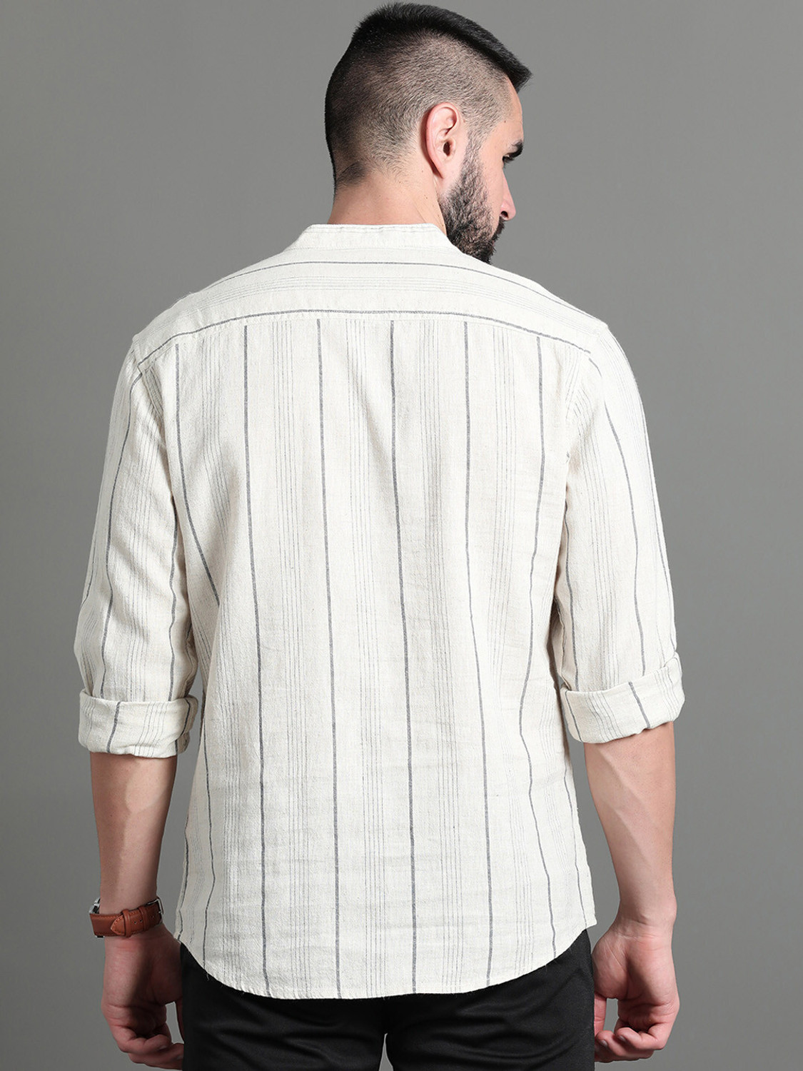 Image of HERE&NOW Men Striped Casual Cream Shirt