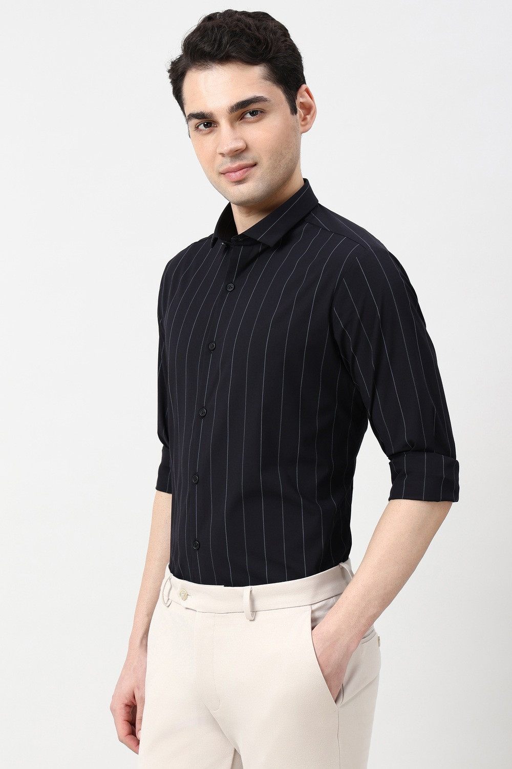 Image of PETER ENGLAND Men Striped Formal Black Shirt