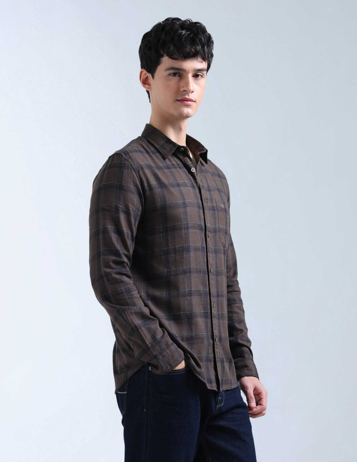 Image of FLYING MACHINE Men Checkered Casual Brown Shirt