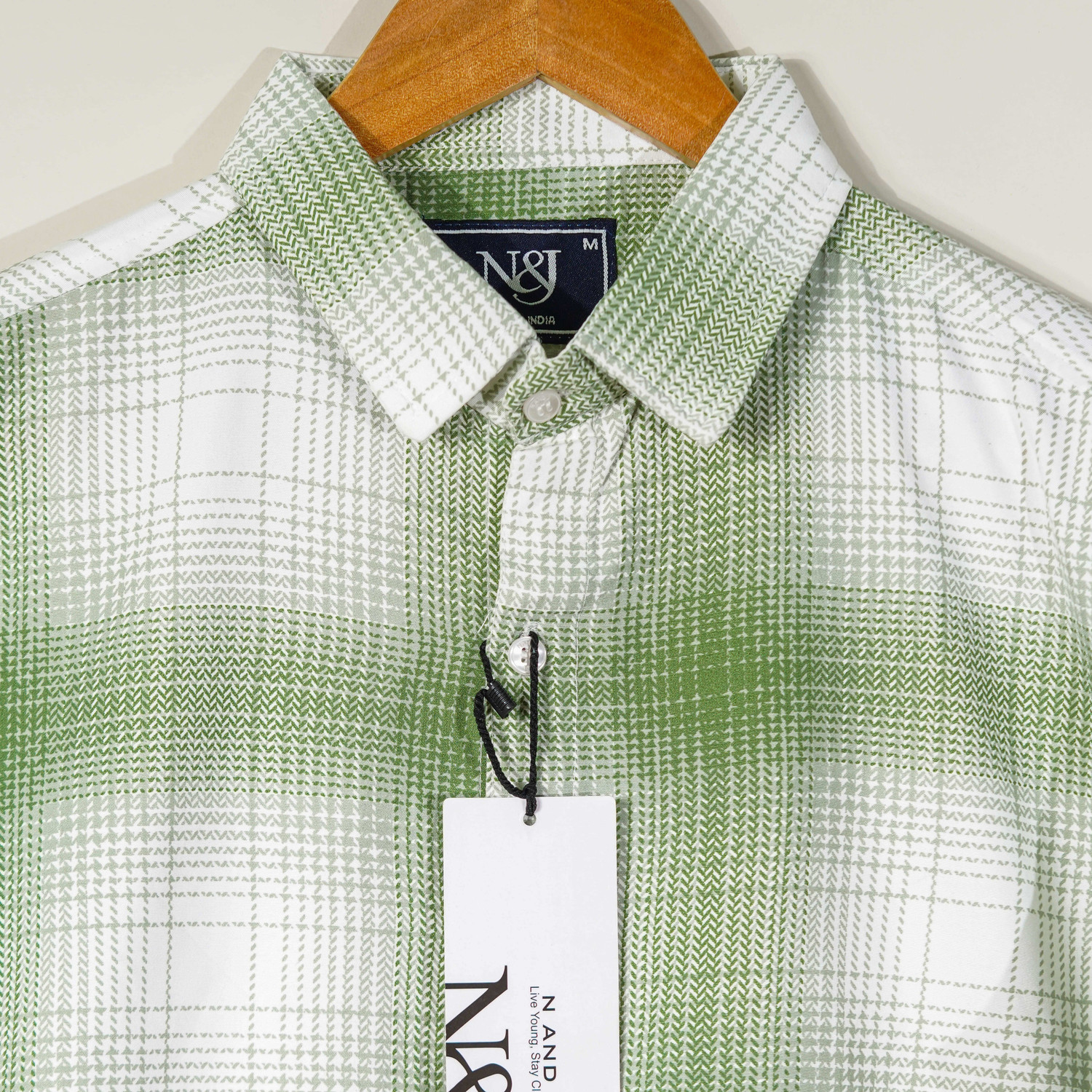Image of N AND J Men Checkered Casual Light Green, White Shirt