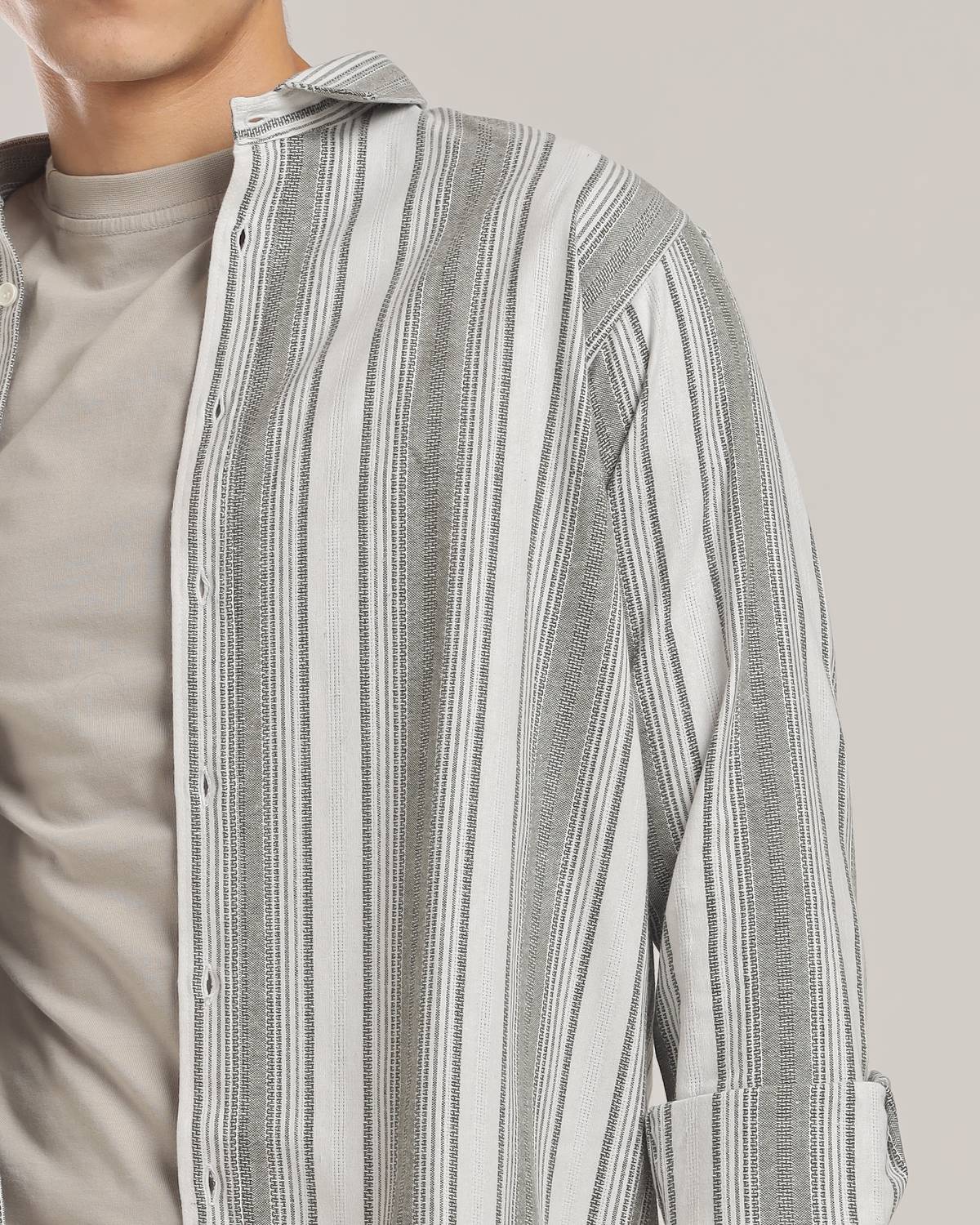 clovaculture Men Striped Casual White, Grey Shirt - Image 5