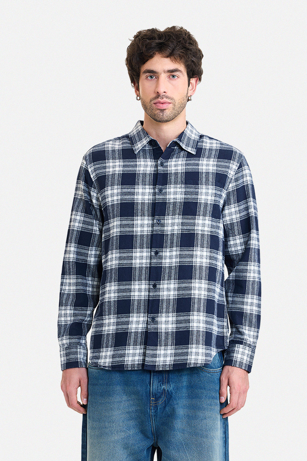 Image of Snitch Men Checkered Casual Dark Blue Shirt