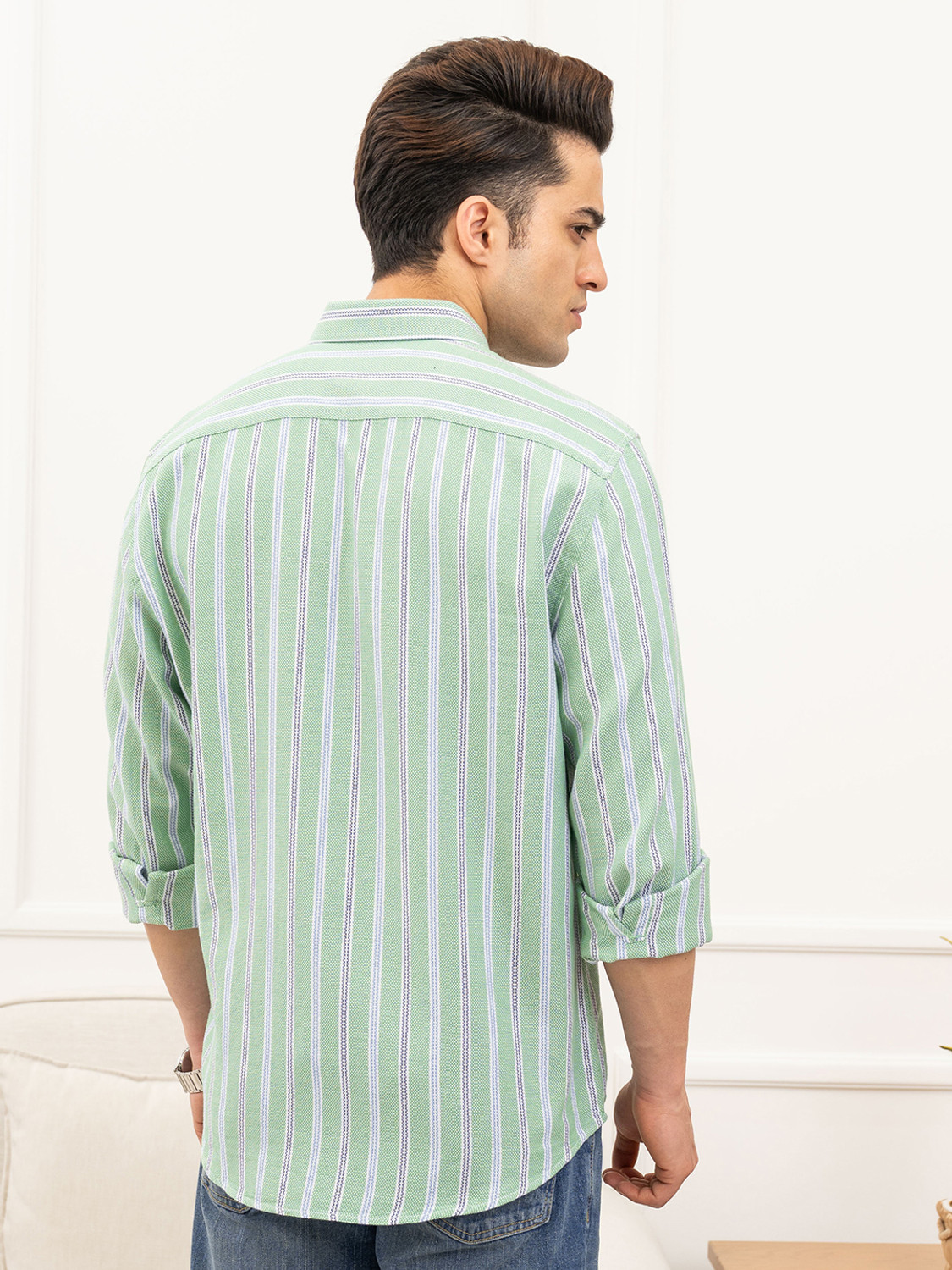Image of RED TAPE Men Striped Casual Green Shirt