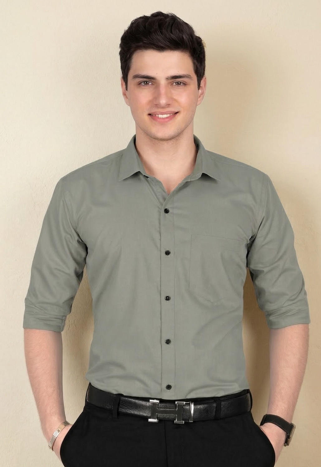 Image of STONEBERG Men Solid Formal Grey Shirt