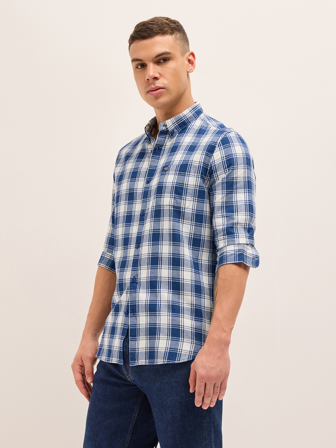 Image of THE BEAR HOUSE Men Checkered Casual Blue Shirt