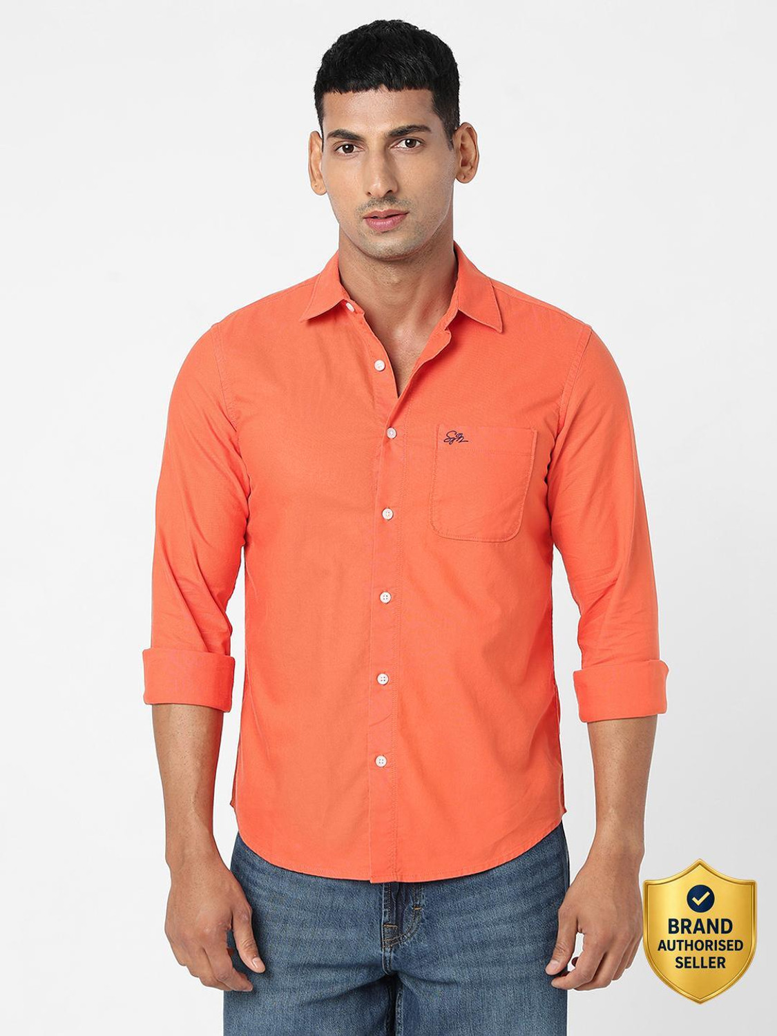 Image of Spykar Men Solid Casual Orange Shirt