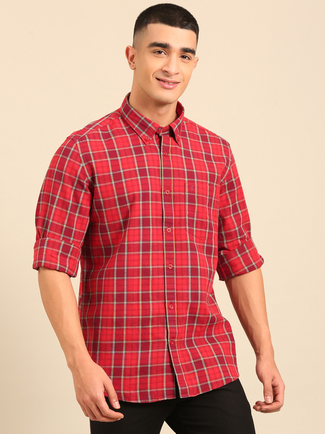 Image of CAVALLO BY LINEN CLUB Men Checkered Casual Red Shirt