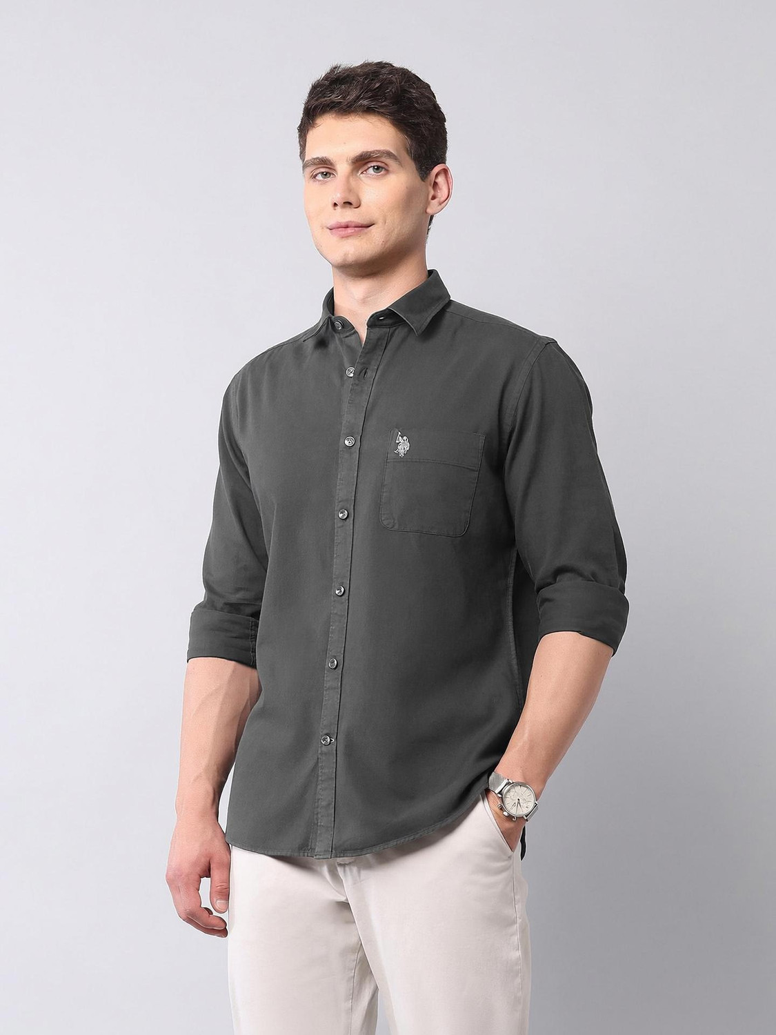 Image of U.S. Polo Assn. Denim Co. Men Solid Casual Grey Shirt