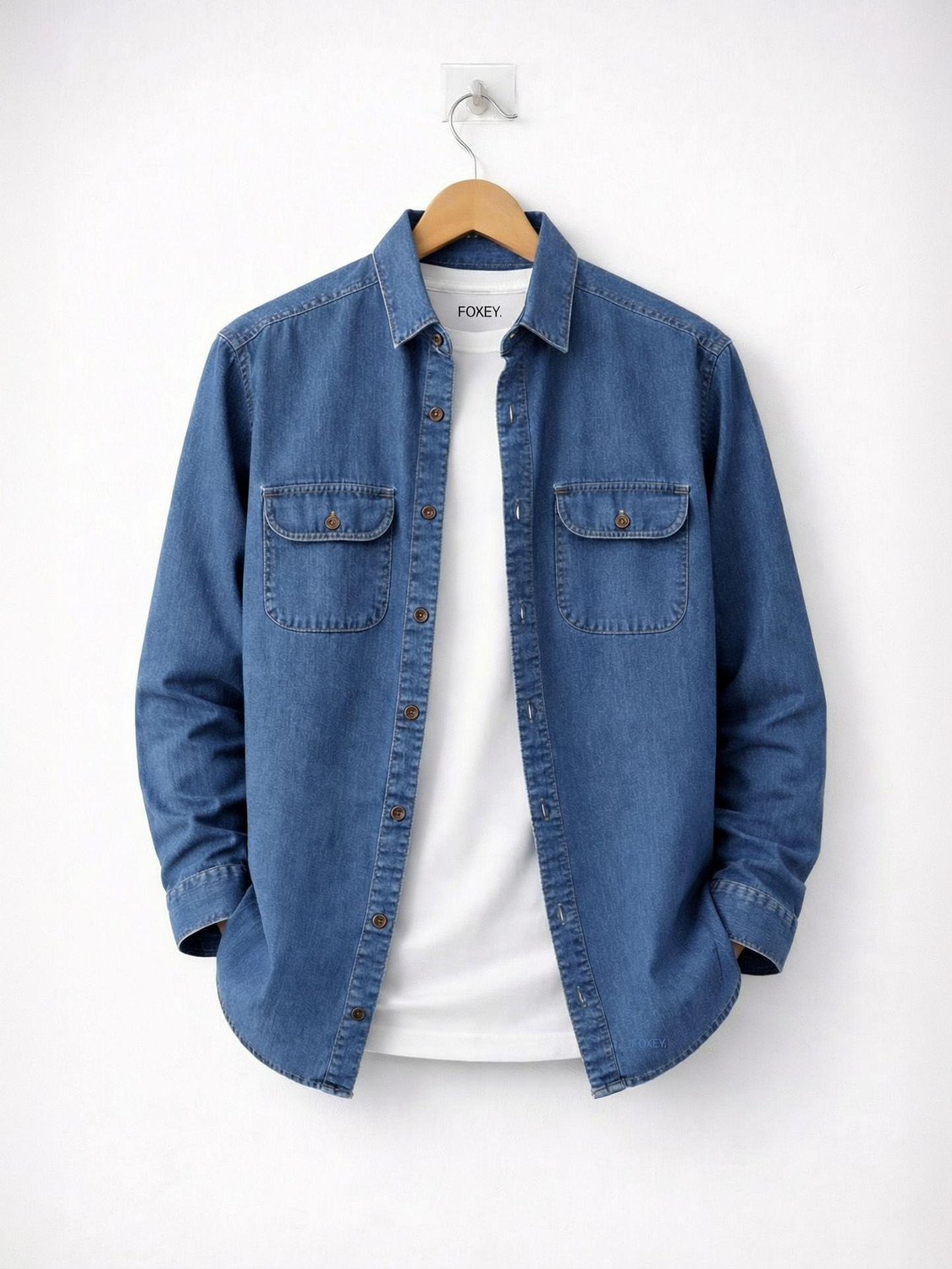 Image of FOXEY Men Washed Casual Blue Shirt