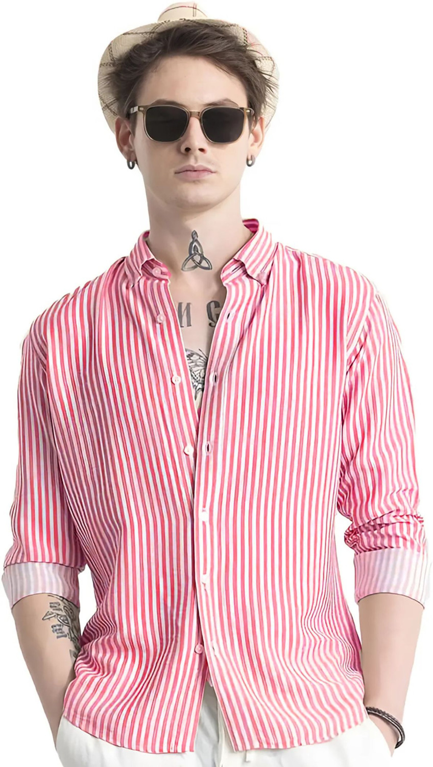 Image of FalconWear Men Striped Casual Pink, White Shirt