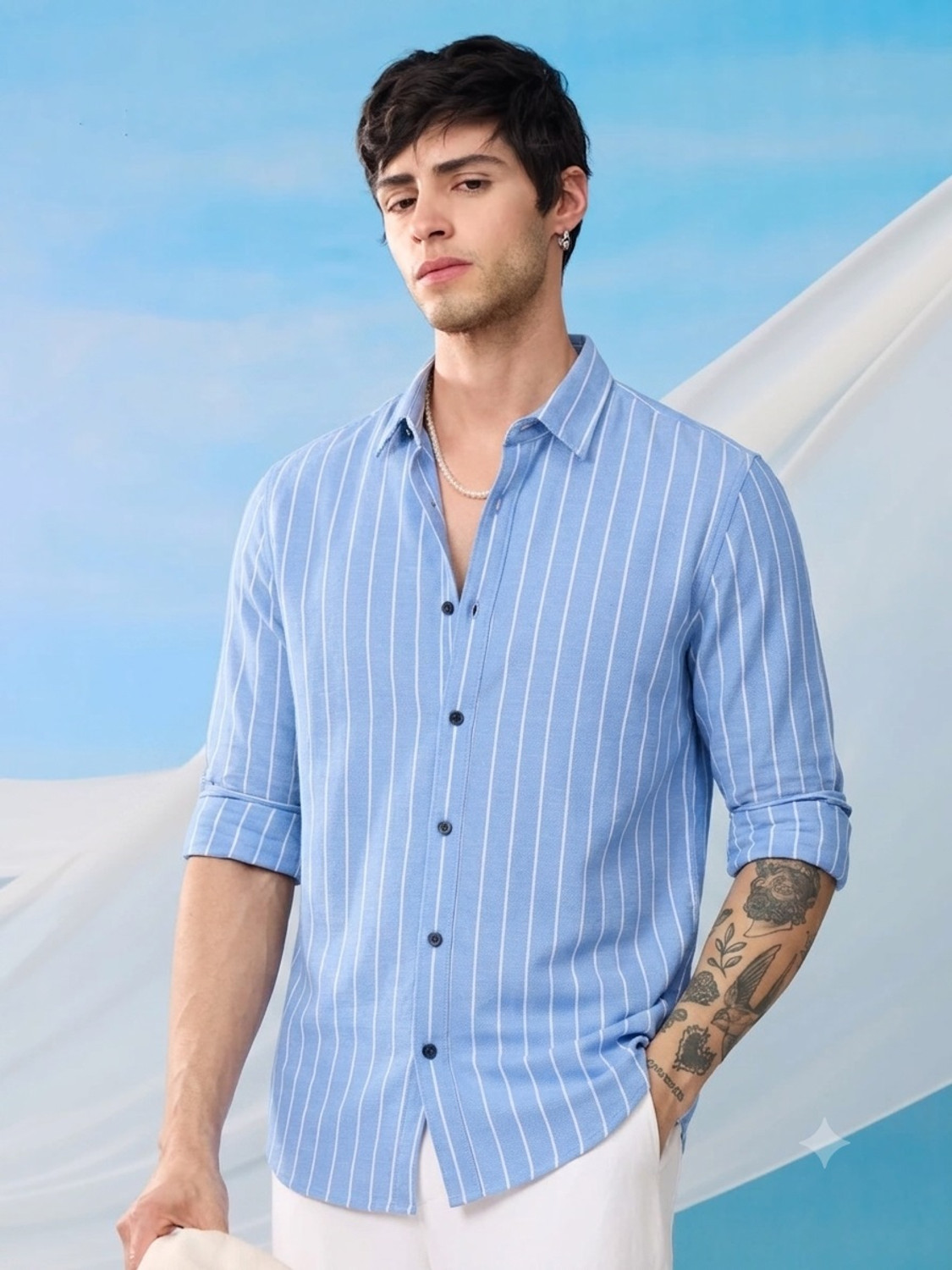 Image of METRONAUT Men Striped Casual Light Blue Shirt