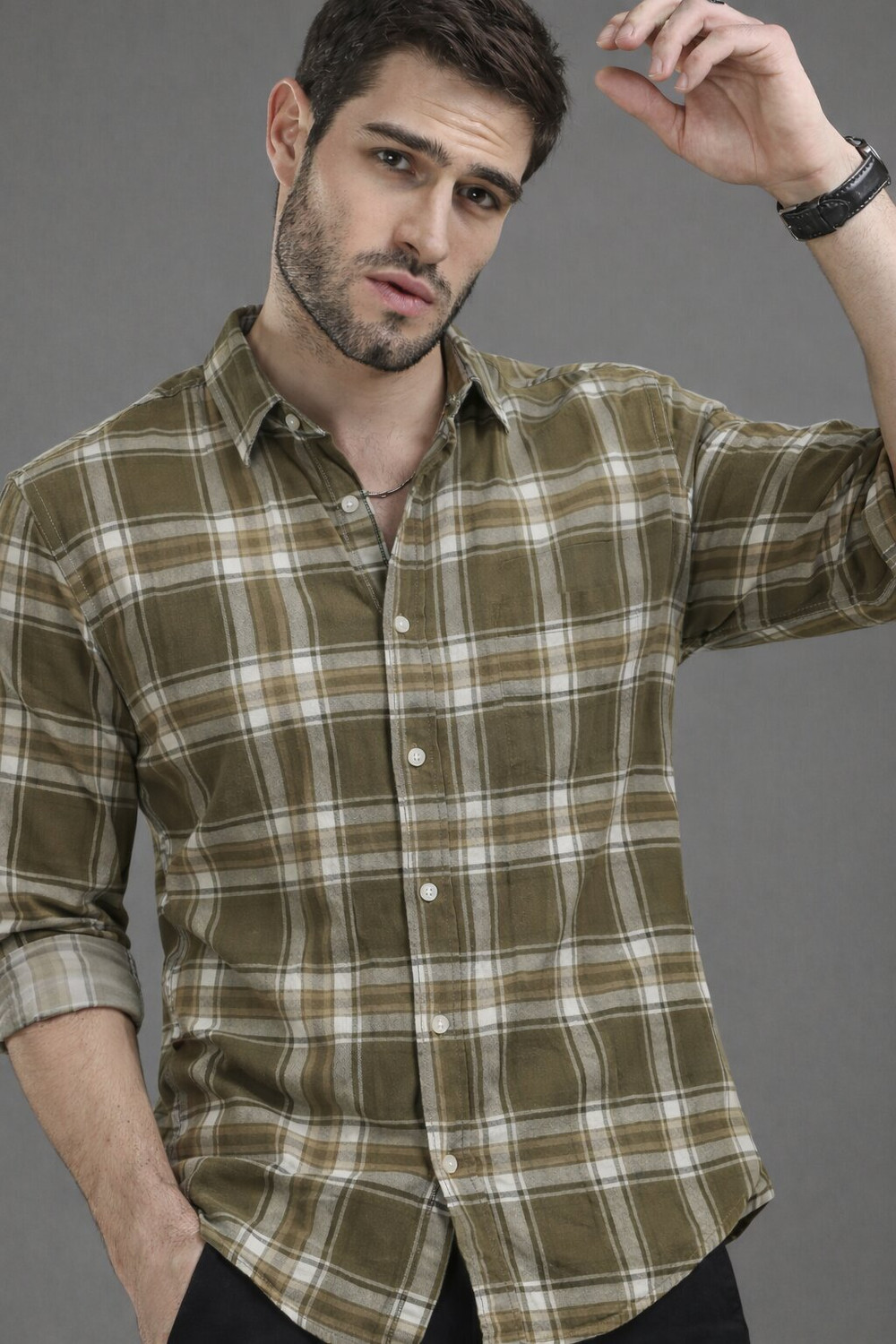 Image of Roadster Men Checkered Casual Khaki Shirt