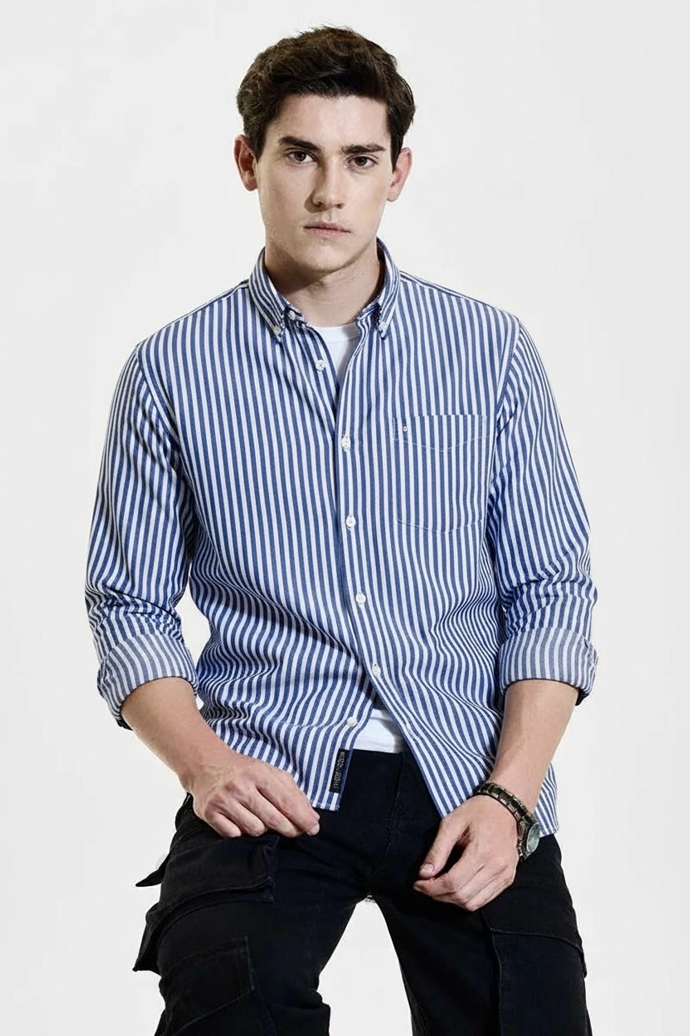 Image of RODEIZ Men Striped Casual Dark Blue, White Shirt