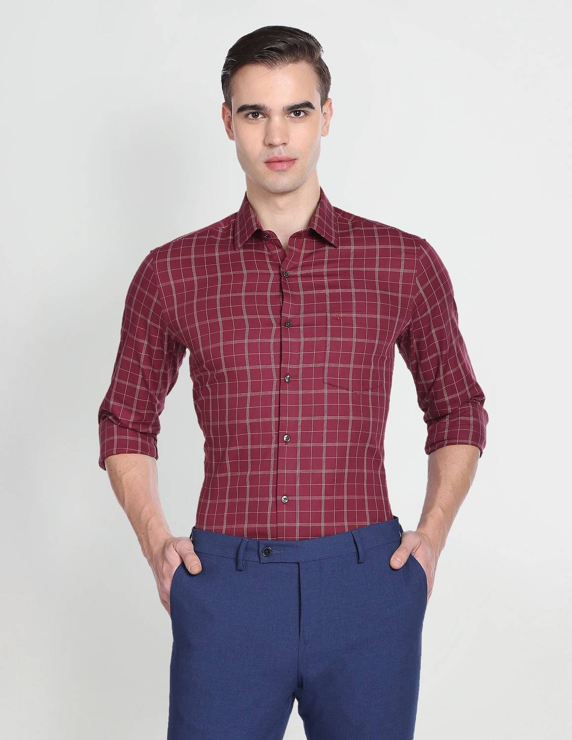 ARROW Men Checkered Formal Maroon Shirt