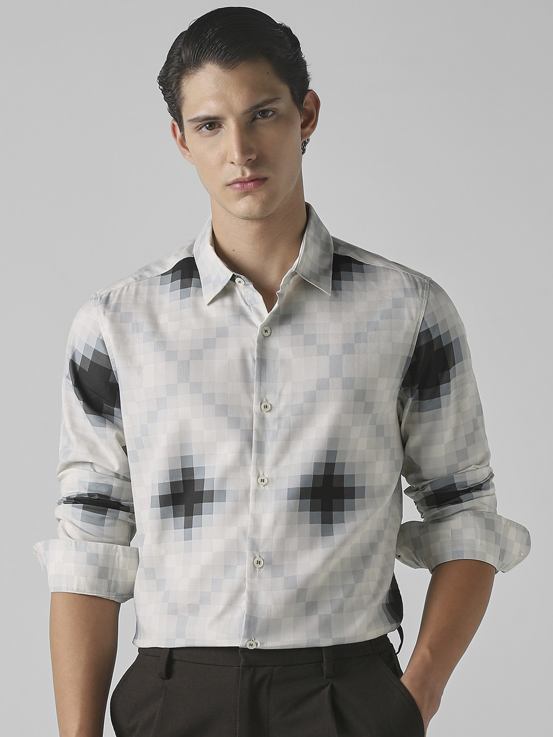 Image of MUFTI Men Printed Casual Grey Shirt