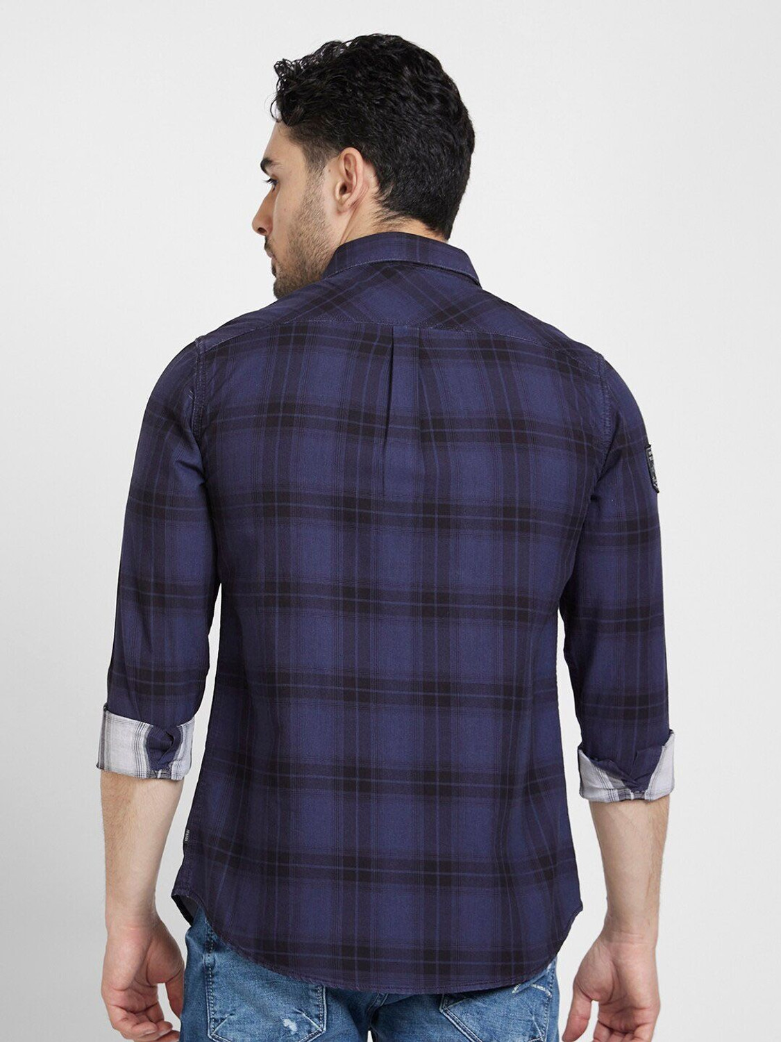Image of Spykar Men Checkered Casual Blue Shirt