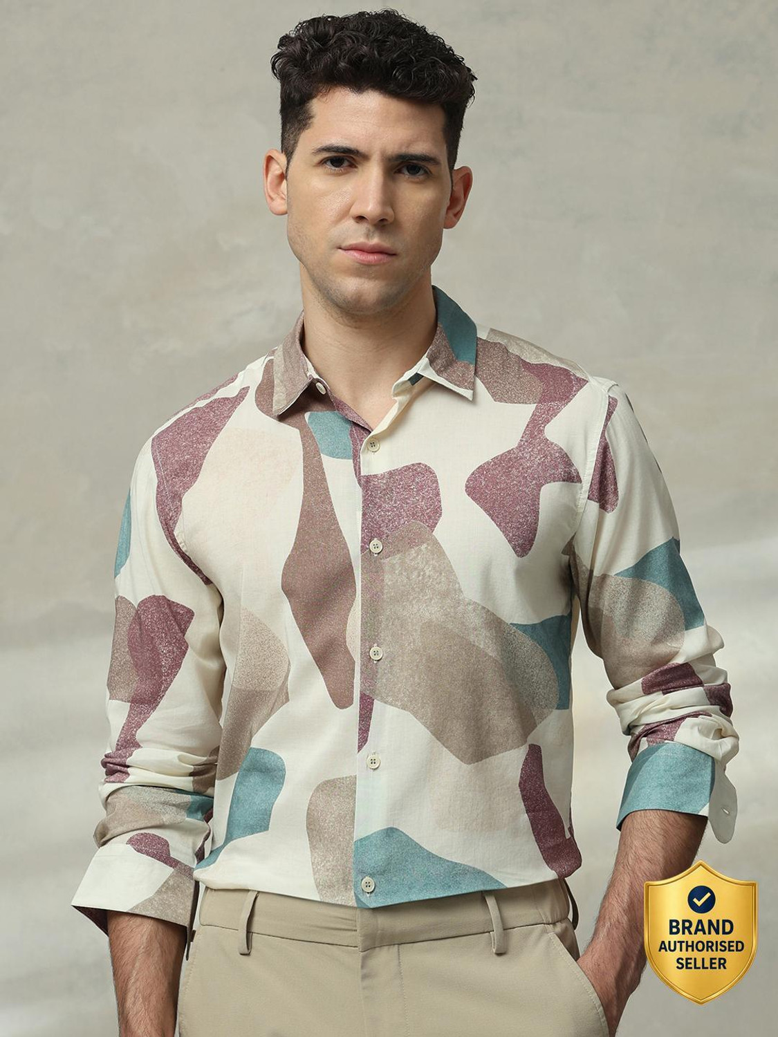 Image of MUFTI Men Printed Casual Cream Shirt