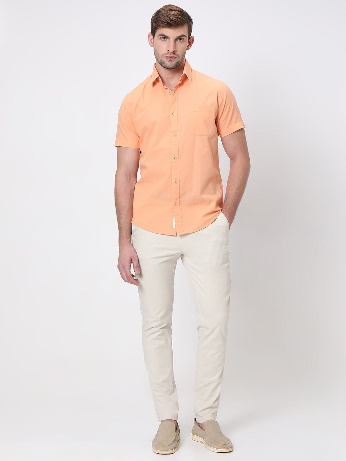 Image of MUFTI Men Solid Casual Orange Shirt