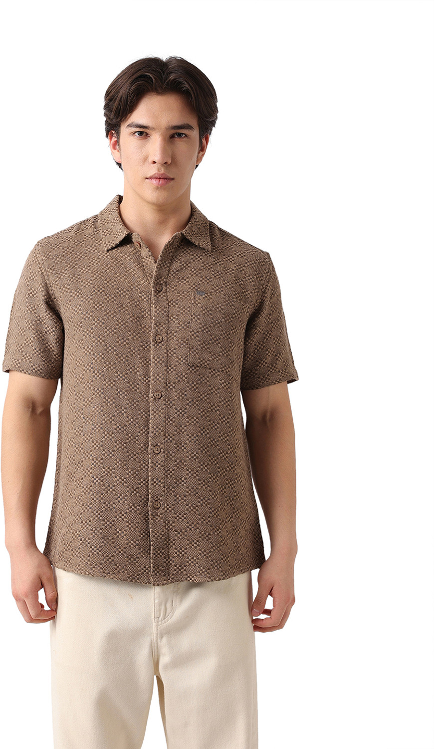 Image of THE BEAR HOUSE Men Self Design Casual Beige Shirt