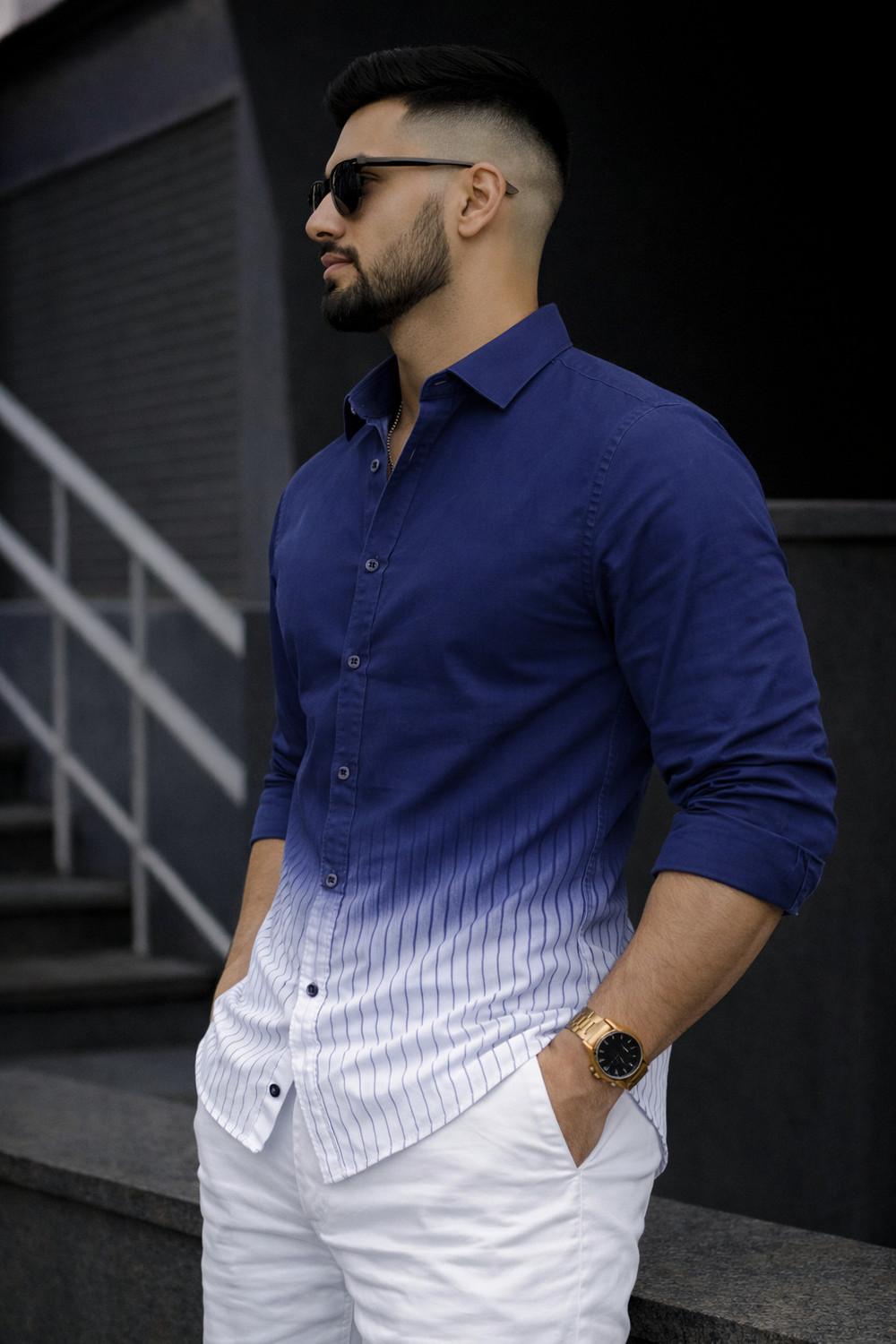 Image of JALVA FAB Men Dyed /Ombre, Striped Party Blue, White Shirt