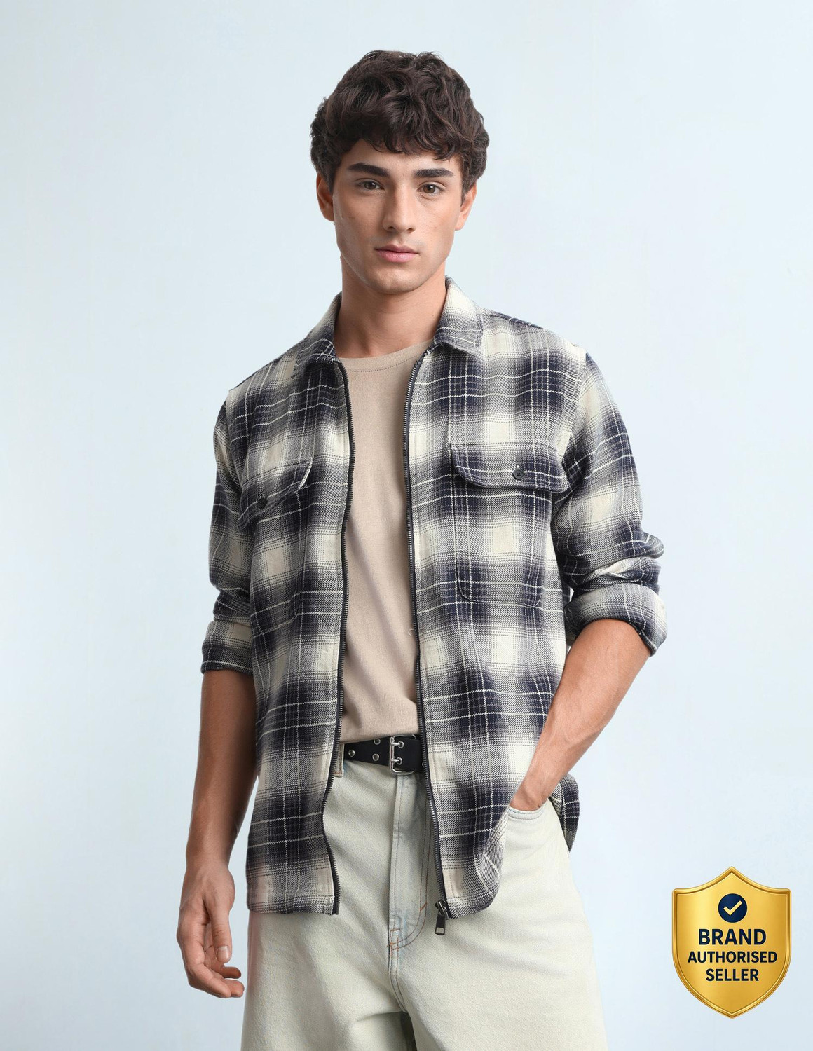 Image of FLYING MACHINE Men Checkered Casual White Shirt