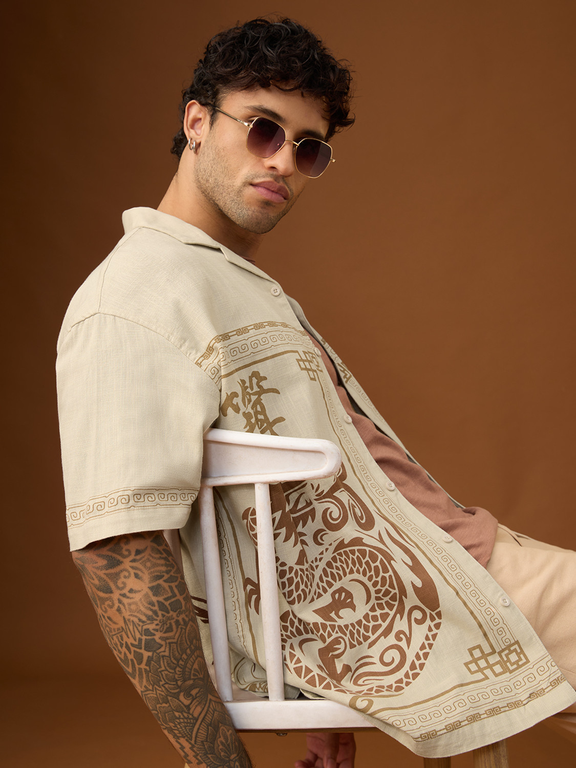 Image of The Souled Store Men Graphic Print Casual Beige Shirt