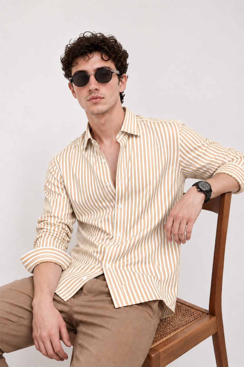 Image of CAMBREEN Men Regular Fit Striped Spread Collar Casual Shirt