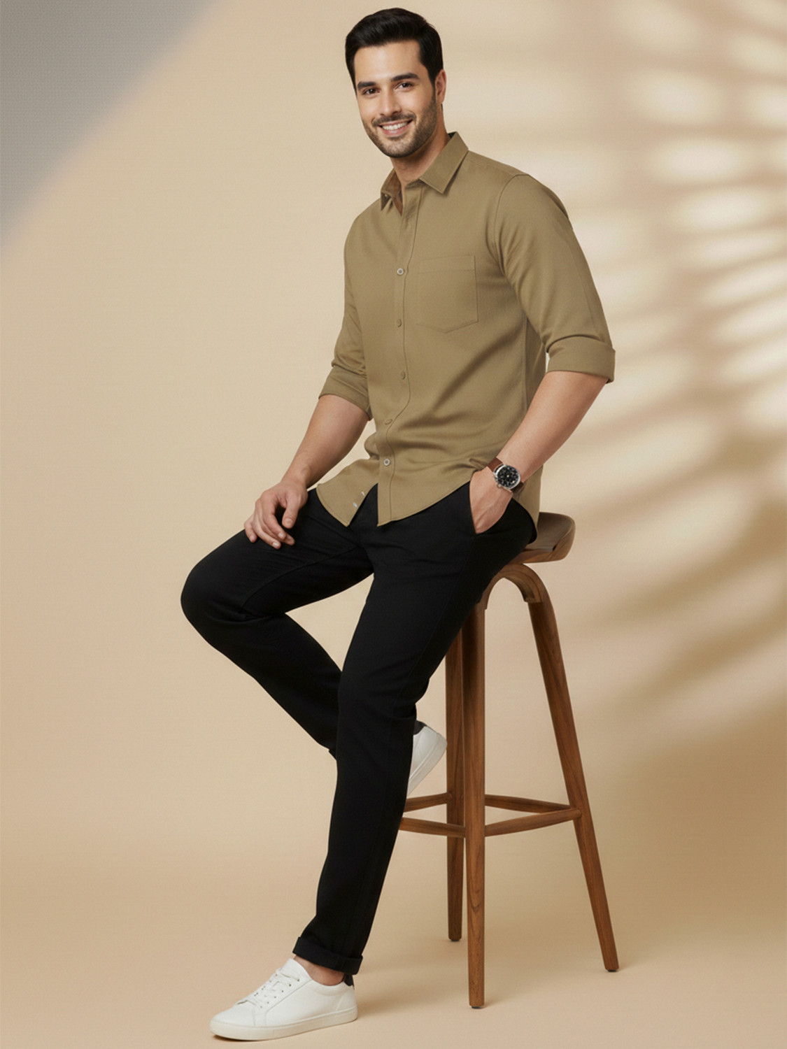 Image of METRONAUT Men Solid Casual Khaki Shirt