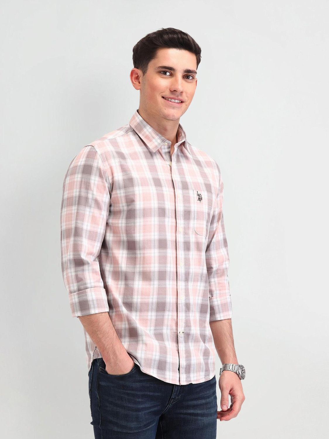 Image of U.S. POLO ASSN. Men Slim Fit Checkered Cut Away Collar Casual Shirt