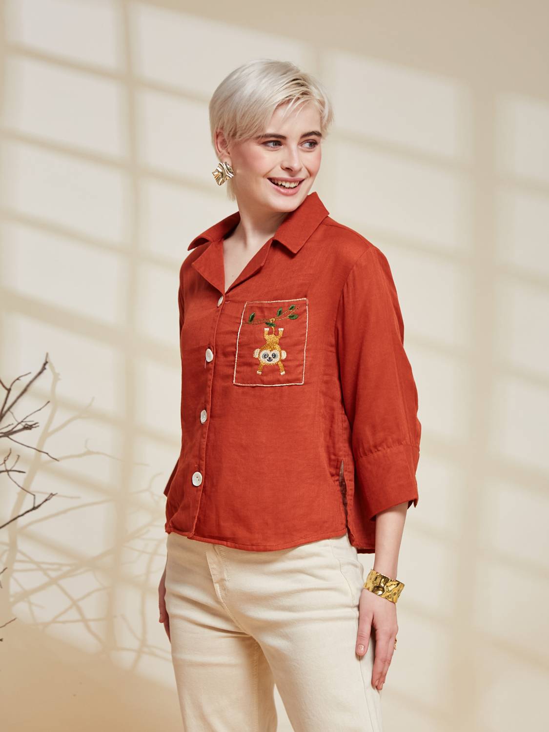 J TURRITOPSIS Women Embroidered Casual Orange Shirt - Buy J