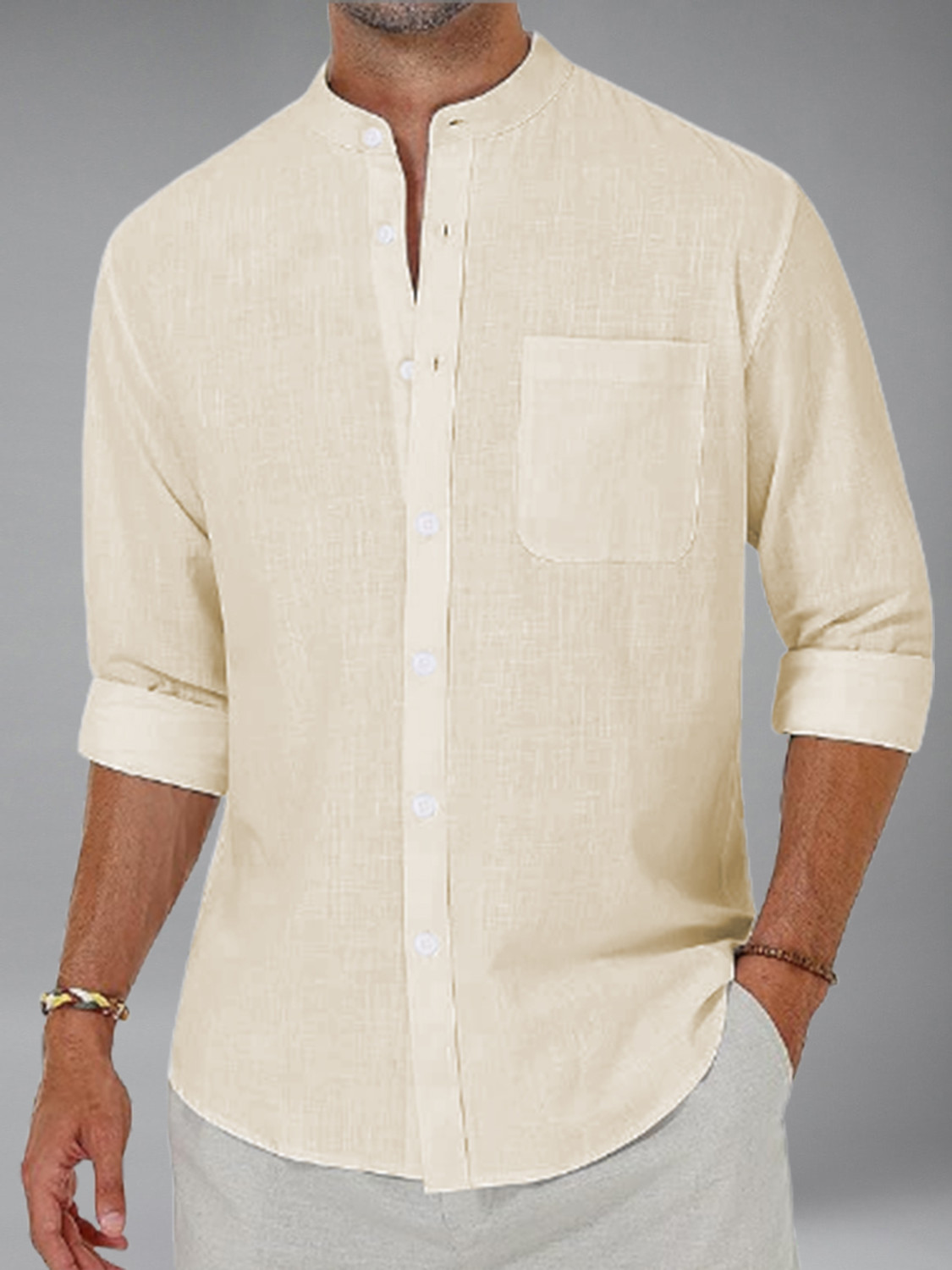 Image of BHUVIKOO Men Solid Casual Beige Shirt