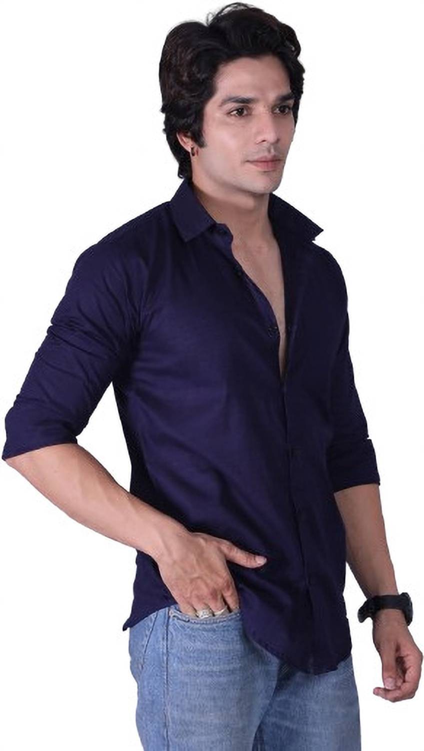 AKAIKA Men Solid Casual Dark Blue Shirt