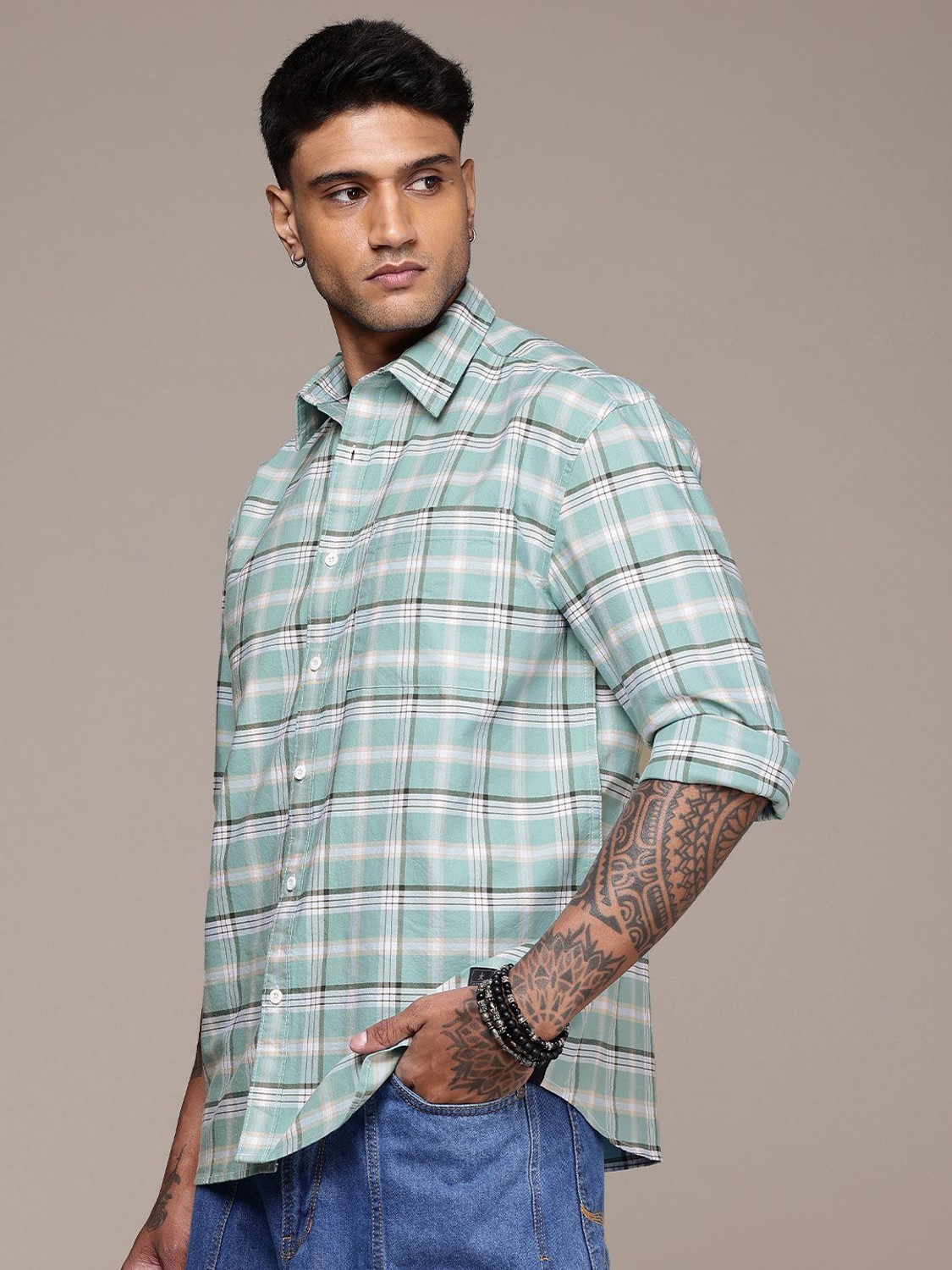 Image of Roadster Men Checkered Casual Blue Shirt