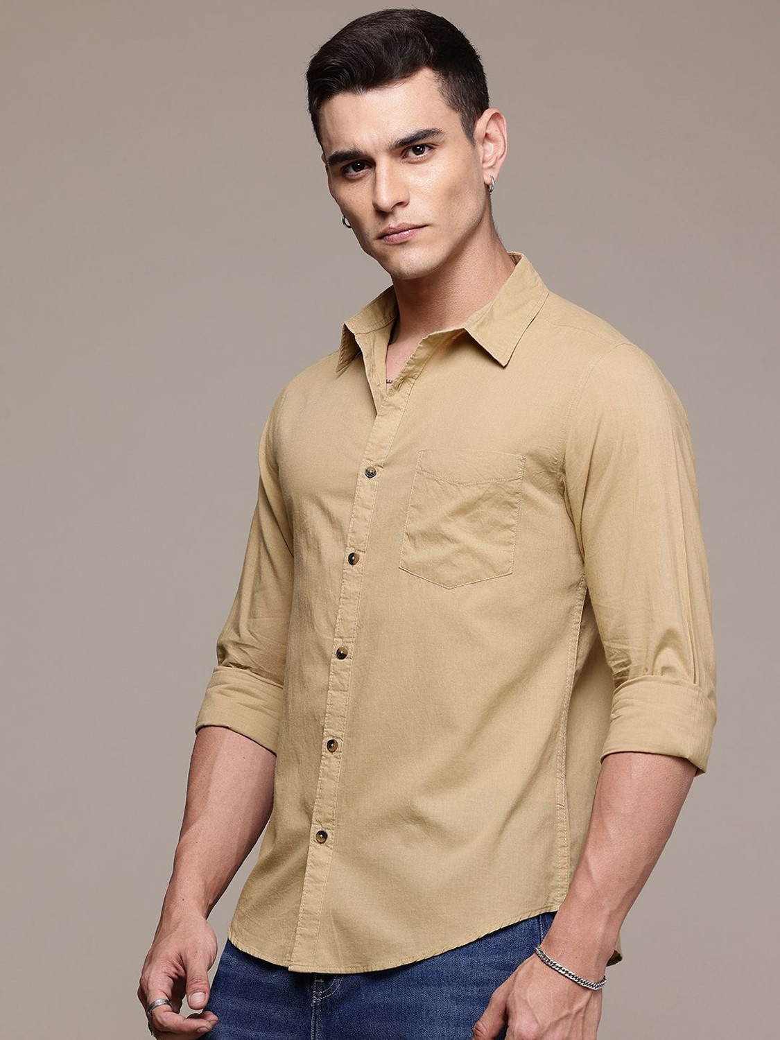 Image of Roadster Men Solid Casual Brown Shirt