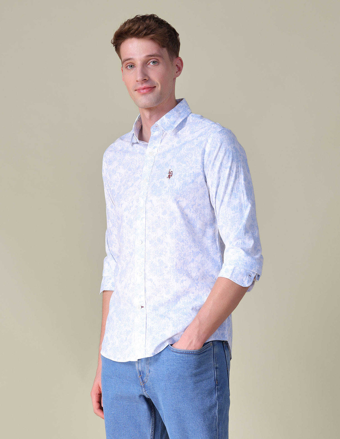 Image of U.S. POLO ASSN. Men Tailored Fit Floral Print Cut Away Collar Casual Shirt