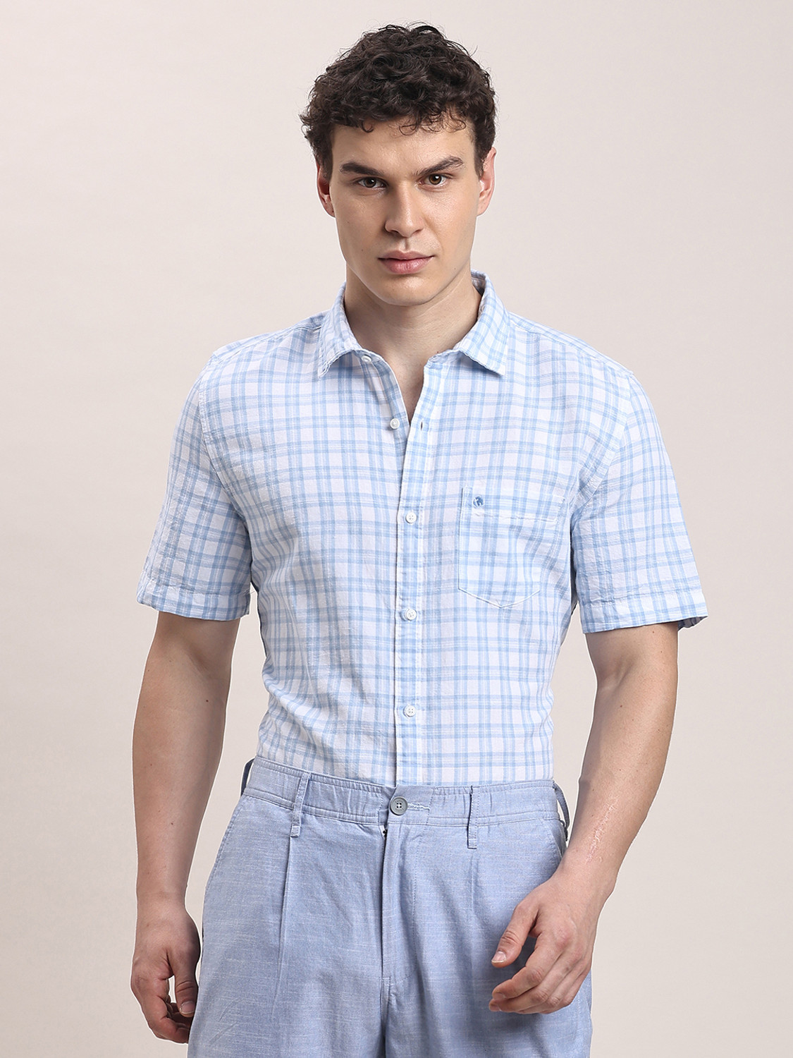 Image of TURTLE Men Checkered Casual Light Blue Shirt