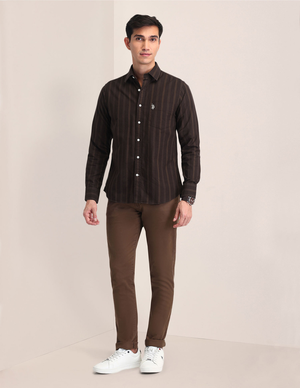 Image of U.S. POLO ASSN. Men Striped Casual Brown Shirt