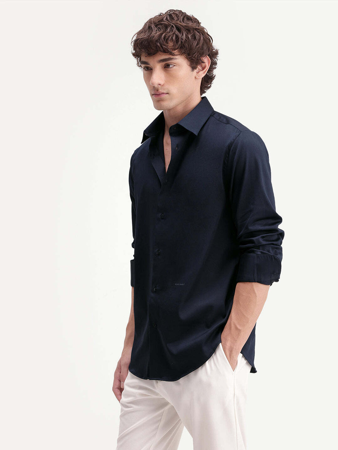 Image of RARE RABBIT Men Solid Casual Dark Blue Shirt