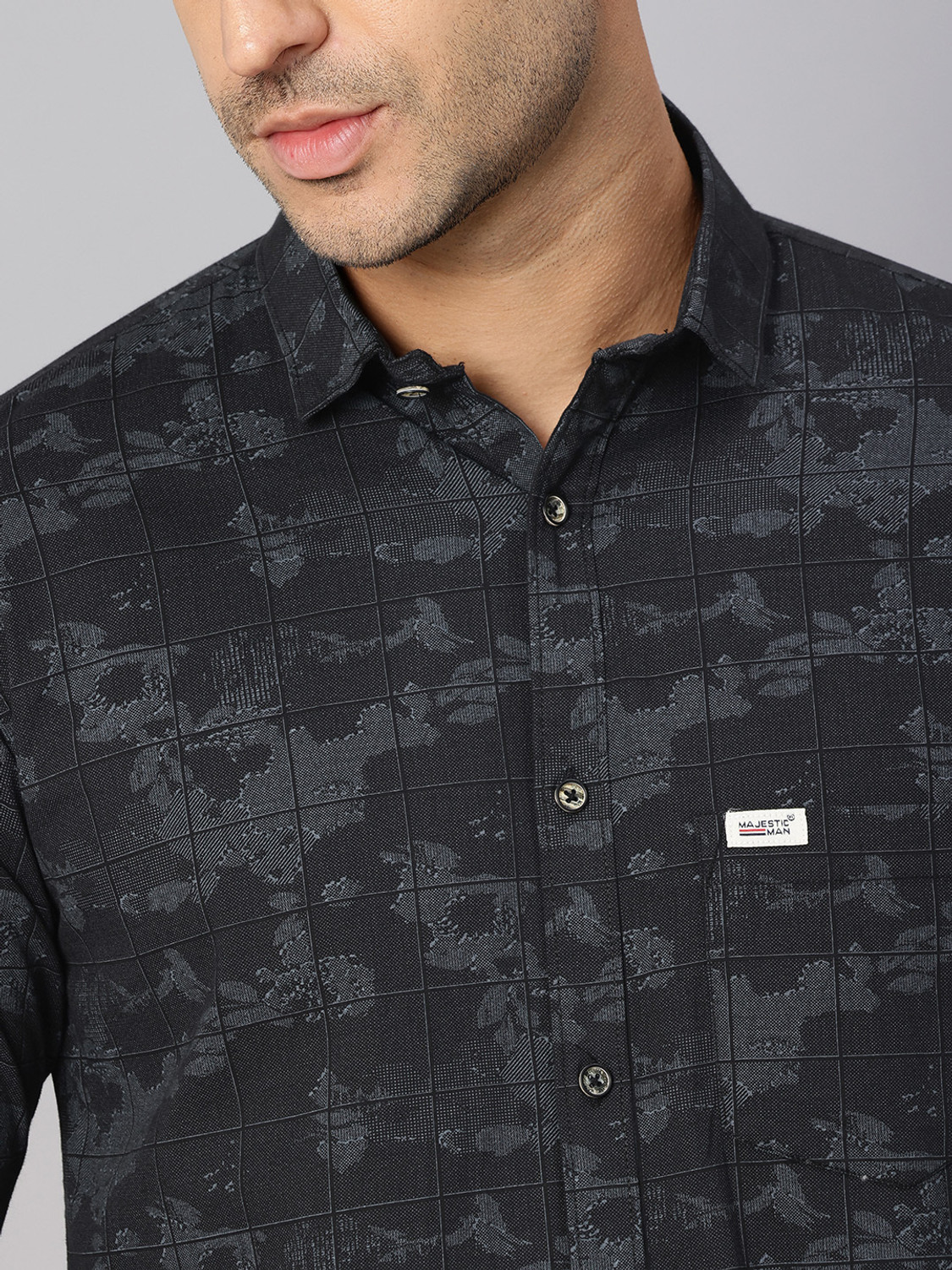 Image of Majestic Man Men Printed, Checkered Casual Black Shirt