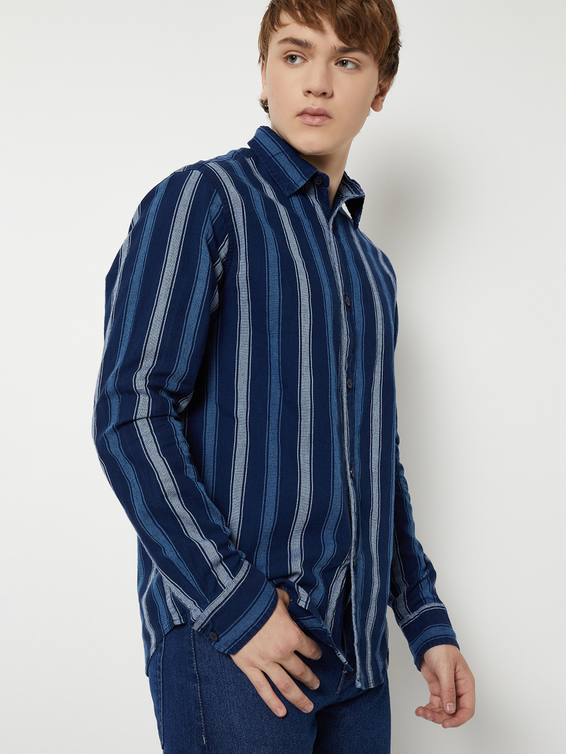Image of MAX Men Striped Casual Blue Shirt