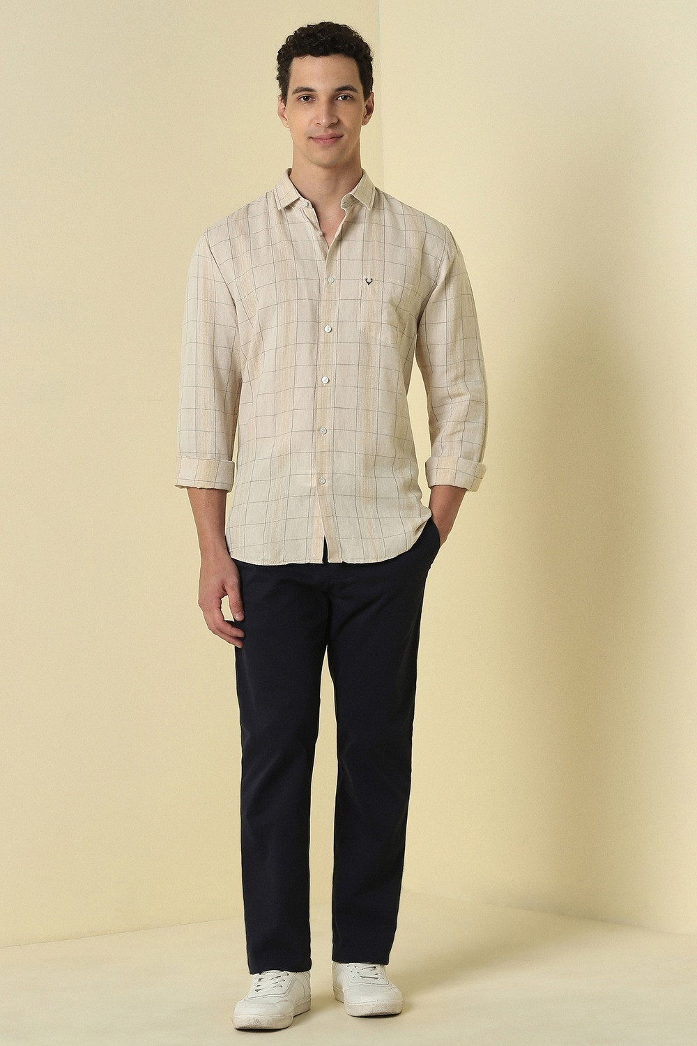 Image of Allen Solly Men Checkered Casual Beige Shirt