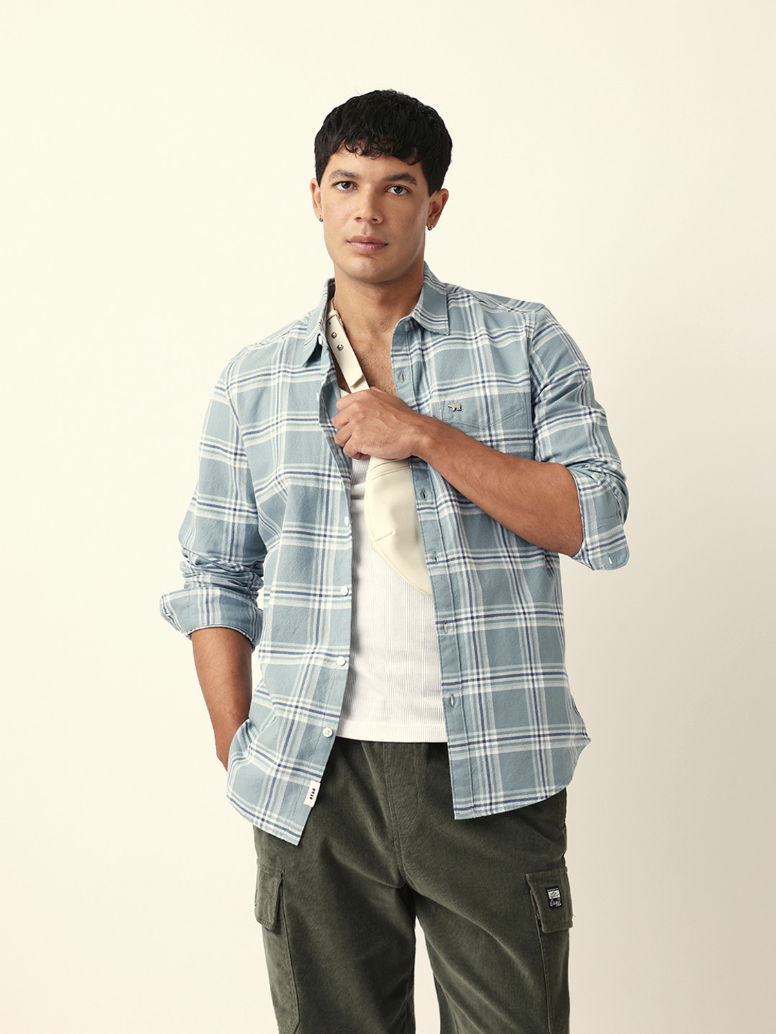 Image of THE BEAR HOUSE Men Checkered Casual Light Blue Shirt