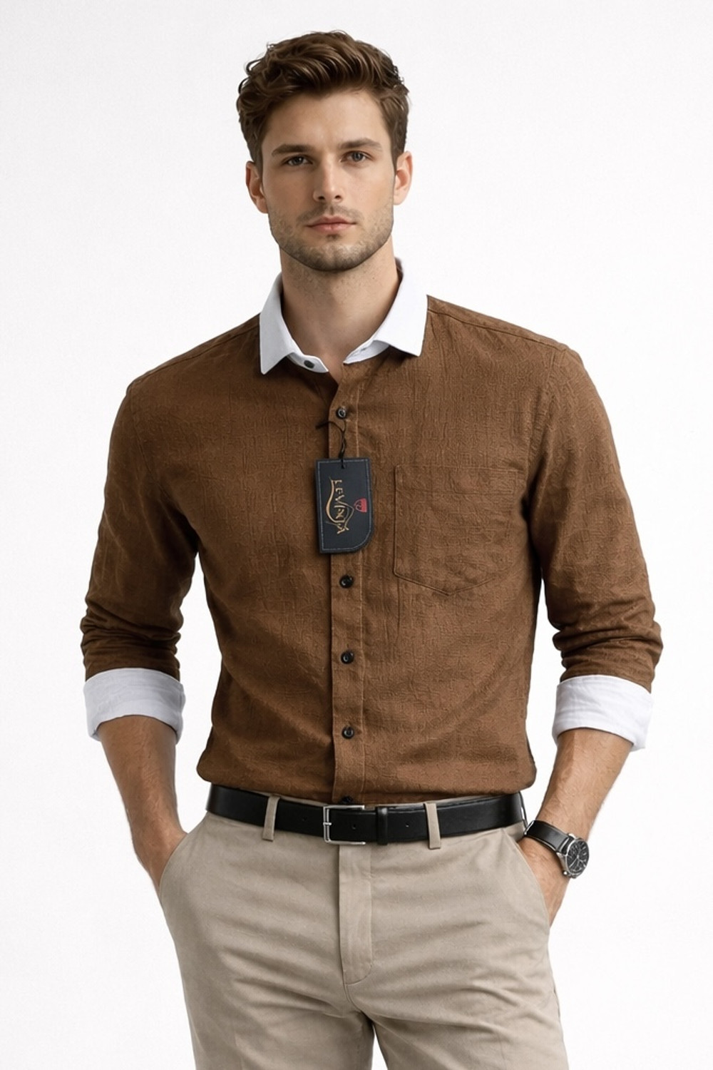 Image of LEVINTA Men Solid Casual Brown Shirt