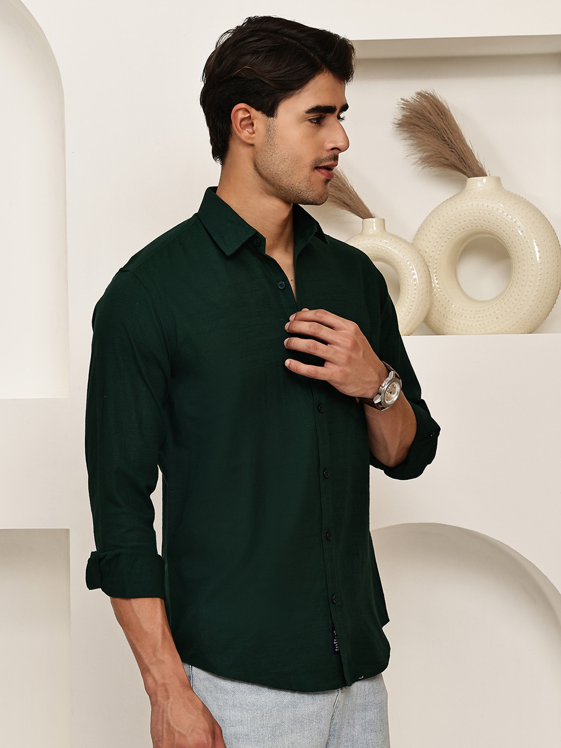 Image of Roadster Men Solid Casual Green Shirt