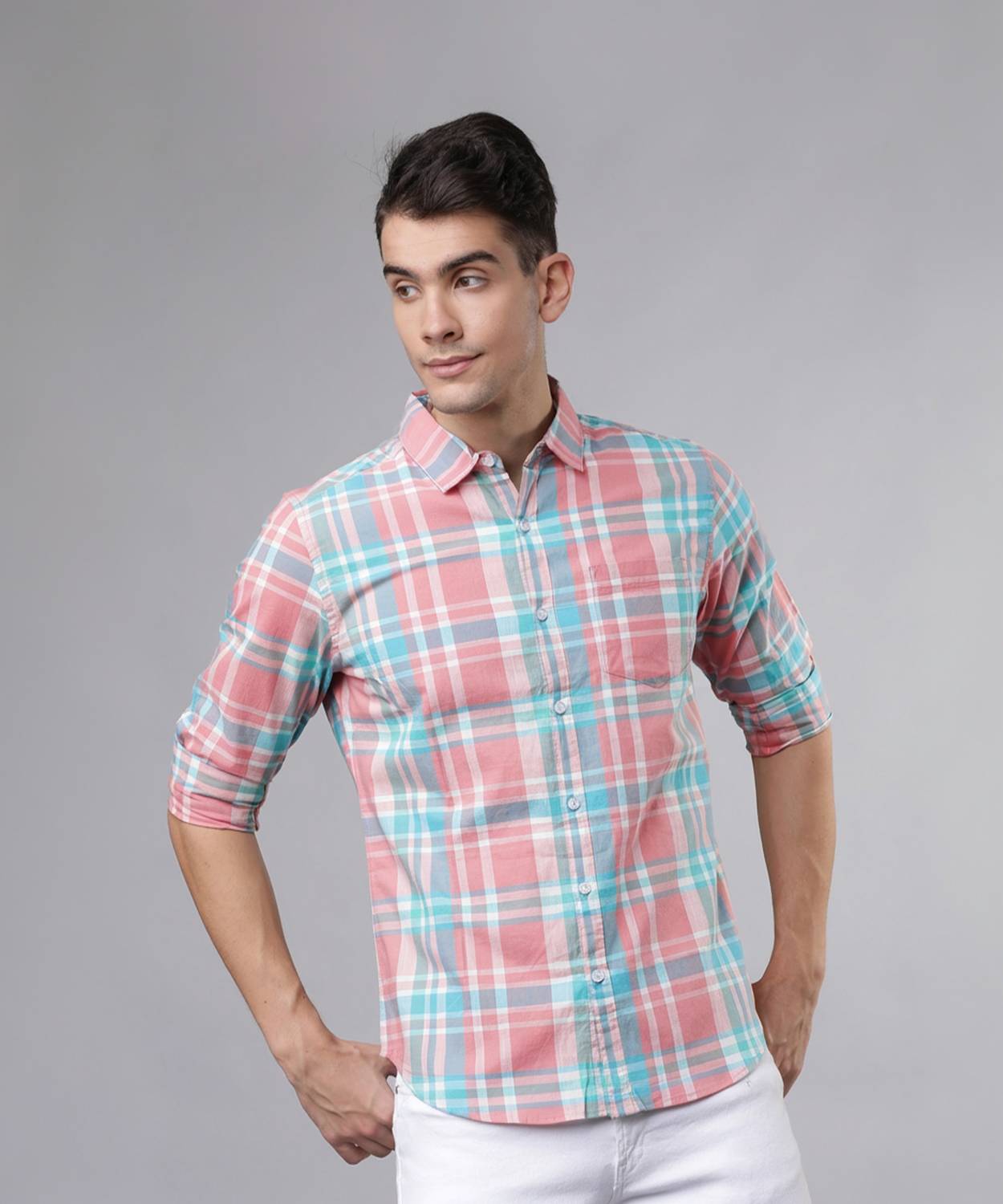 Highlander Men's Slim Fit Checked Casual Shirt - Coral And White | XL