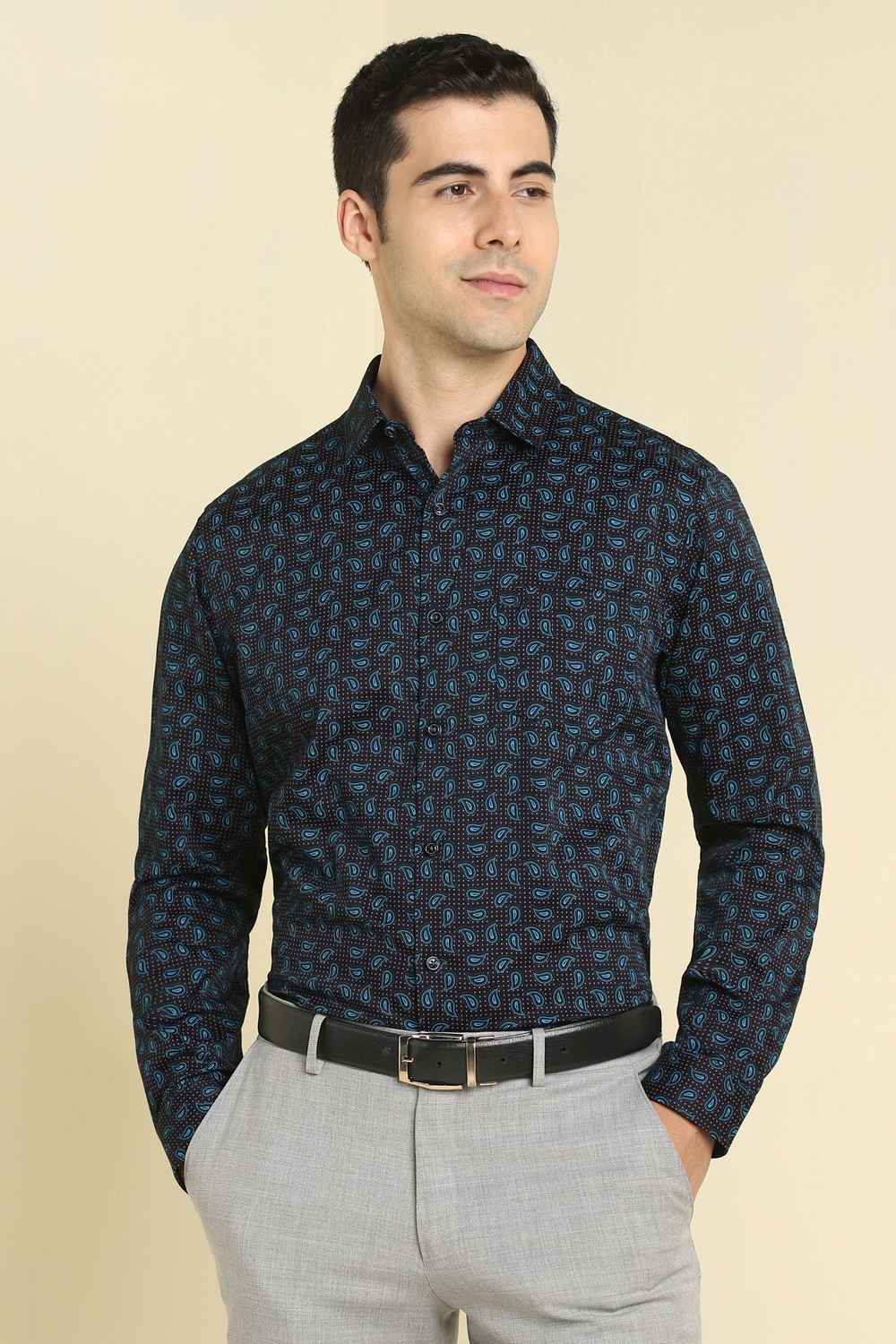 Image of Allen Solly Men Printed Formal Black Shirt