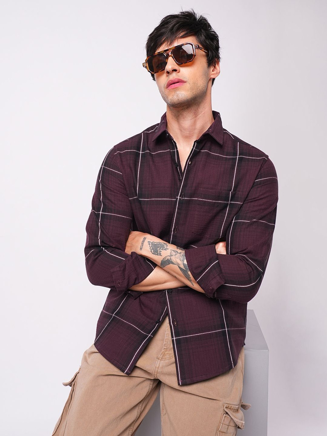 Image of VASTRADO Men Checkered Casual Purple Shirt
