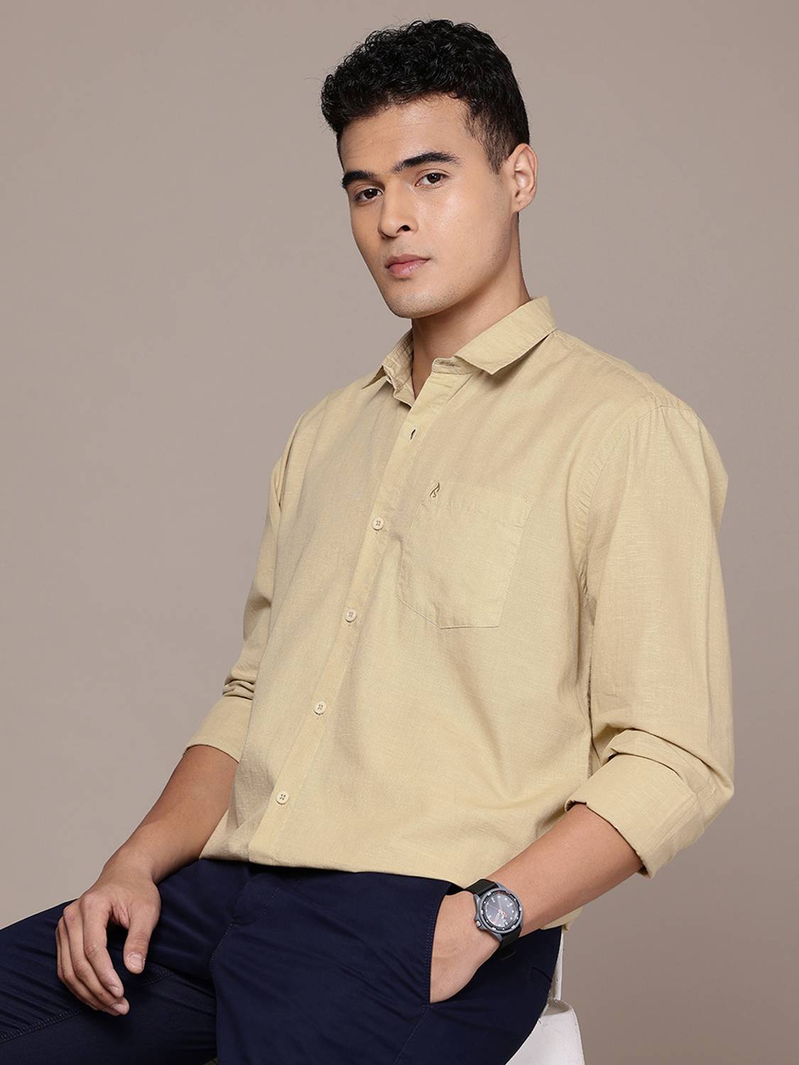 Blue Squad Men Solid Casual Cream Shirt - Image 1
