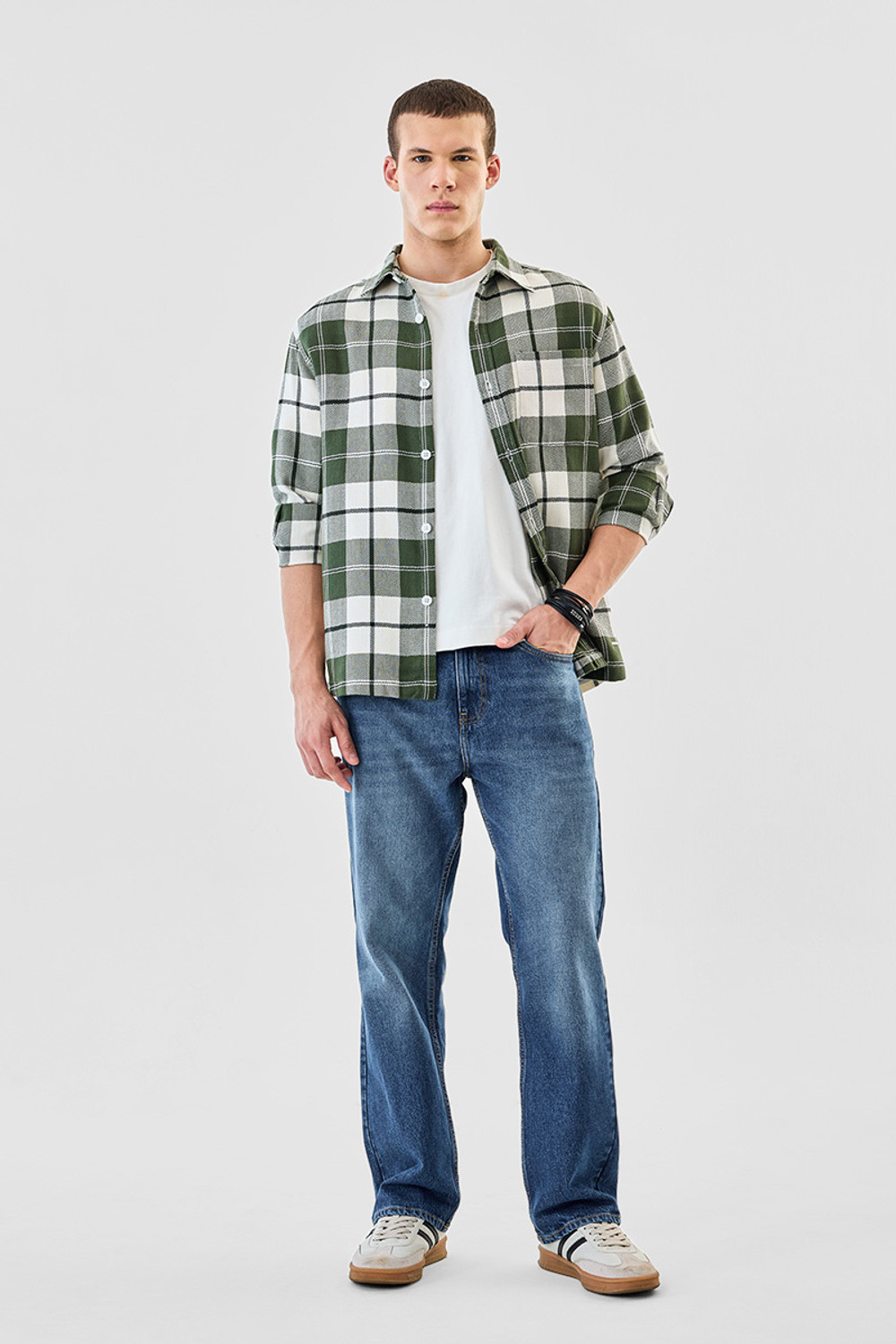 Image of Snitch Men Checkered Casual Green, White Shirt